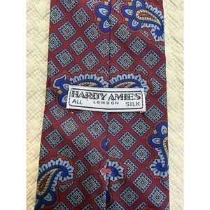 Hardy Aimes Silk Tie Print 1980s Geometric Paisley | Red Blue | 56"L 3.75"W